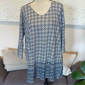 J Jill Love Linen Tunic Top Blue White Floral 3/4 Sleeve 100% Linen Sz M